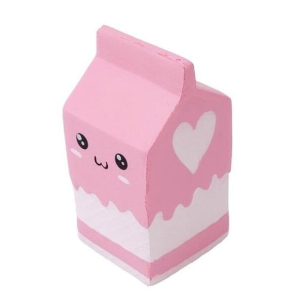 Jouet antistress à presser en forme de boîte de lait avec un visage mignon Squishy en PU doux Rose avec un motif blanc et un cœur 1