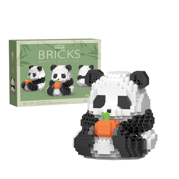 Jouet de construction pour enfants en forme de panda, assis et tenant une petite citrouille dans ses pattes, 488 pièces de puzzle, construction 1