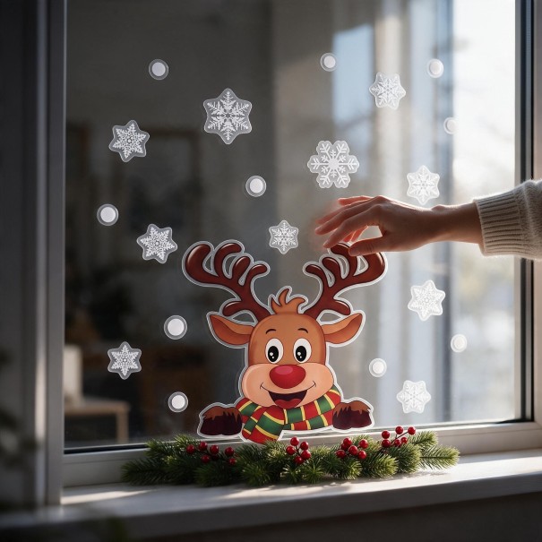 Joulun ikkunatarroja porolla punaisella nenällä ja huivilla Valkoiset lumihiutaleet ja pisteet Ikkunakoriste ja lasikoriste Lasten joulukoristeet 1