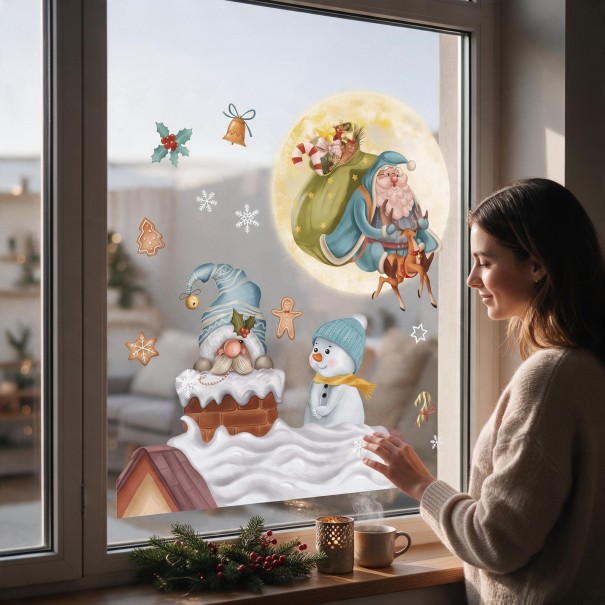 Joulustickerit ikkunaan Uudelleen käytettävä Santa täysikuun taustalla, tonttu savupiipussa ja lumiukko katolla Sininen Näyttelykoriste 1