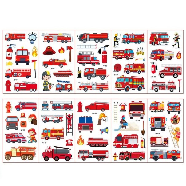 Juego de 10 hojas de tatuajes temporales con bomberos, camiones de bomberos, equipo y escenas de rescate, pegatinas para el cuerpo para diversión 1