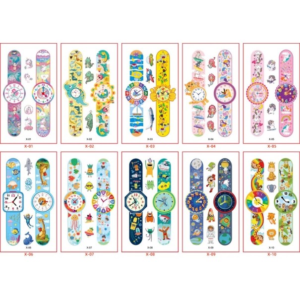 Juego de 10 unidades de tatuajes temporales infantiles 12 x 7 cm diseño de reloj con animales dinosaurios unicornios mar espacio estilo snap 1