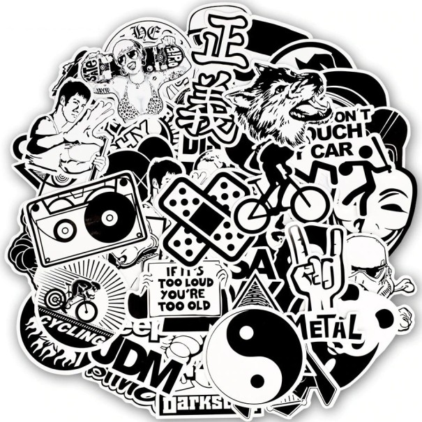 Juego de 100 pegatinas en blanco y negro de PVC para decorar cosas Motivos de coches y música Inscripciones en inglés Recortadas según el contorno 1