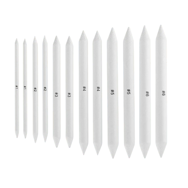 Juego de 12 herramientas de dibujo para difuminar sombras con difuminos y tortillones, sacapuntas, papel de lija y carboncillo. 1