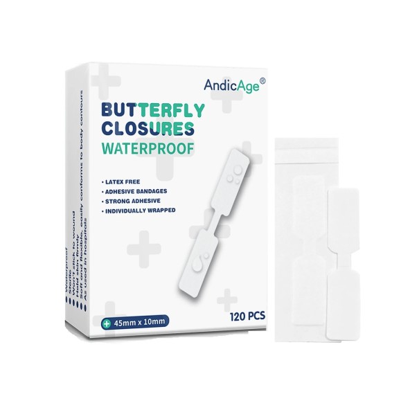 Juego de 120 tiritas mariposa 1x4,5 cm Tiritas elásticas estériles para heridas Sin látex Antibacterianas Impermeables para pieles sensibles 1