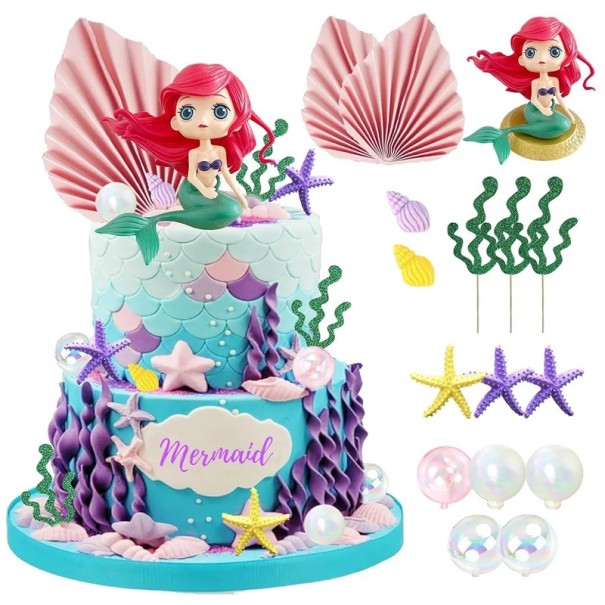 Juego de 19 decoraciones para tartas de sirena con pelo rojo, estrellas de mar, corales, perlas y conchas de plástico para decoración de cumpleaños. 1