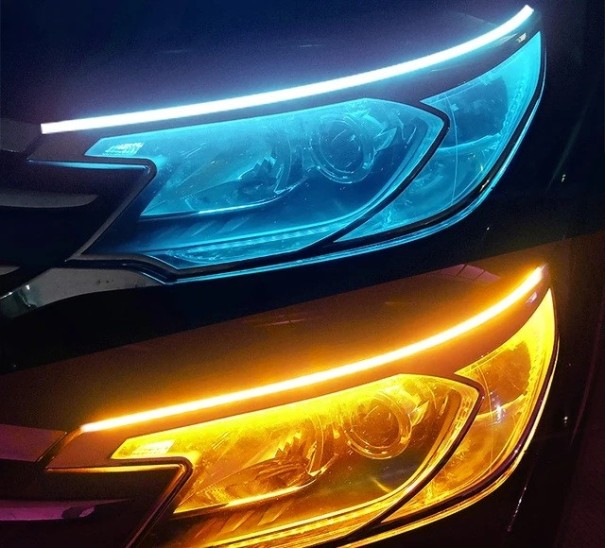 Juego de 2 unidades de luces LED diurnas para coche 60 x 1,1 x 0,3 cm Tira de luz flexible DRL con intermitente Efecto fluido 12 V azul claro