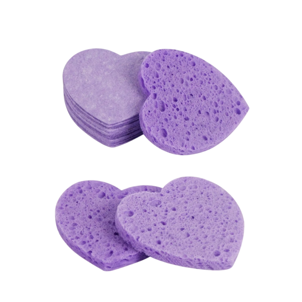 Juego de 20 esponjas faciales naturales con forma de corazón, discos limpiadores prensados, exfoliantes y reutilizables para el cuidado de la piel. morado