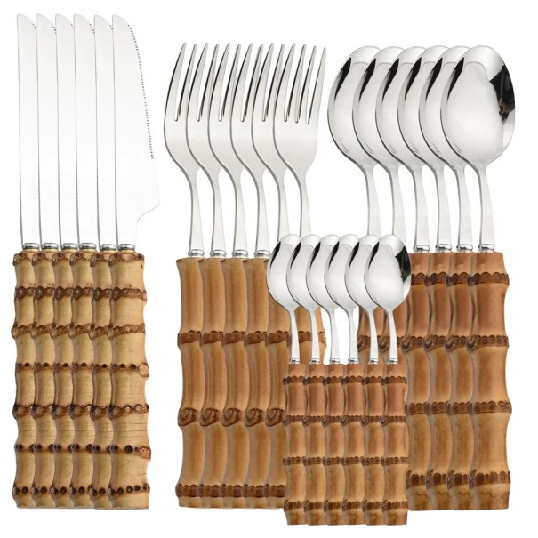 Juego de 24 piezas de cubiertos de acero inoxidable con mango de bambú. Cubiertos de mesa completos: cuchillos, cucharas, tenedores y cucharitas. plateado