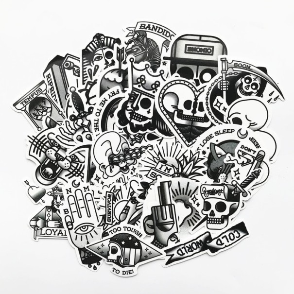 Juego de 29 calcomanías en blanco y negro de PVC para decorar objetos Motivos en estilo de tatuaje clásico Recortadas según el contorno Tamaño 1