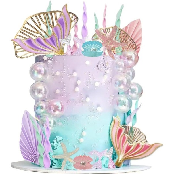Juego de 29 decoraciones para tartas con diseño de cola de sirena, estrellas de mar, perlas y hojas de Sea World. Decoración colorida para cumpleaños. 1