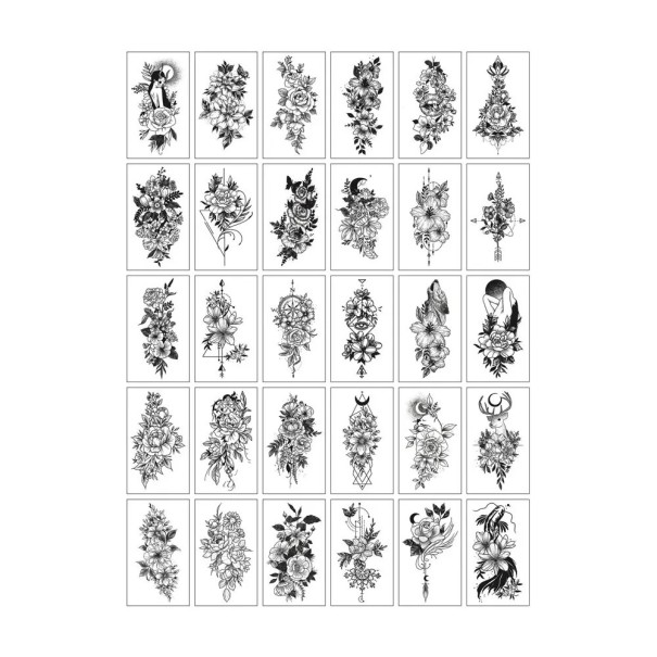 Juego de 30 tatuajes temporales 5,7 x 9,7 cm Motivos florales En blanco y negro y de colores Tatuajes adhesivos a prueba de agua para el cuerpo negro