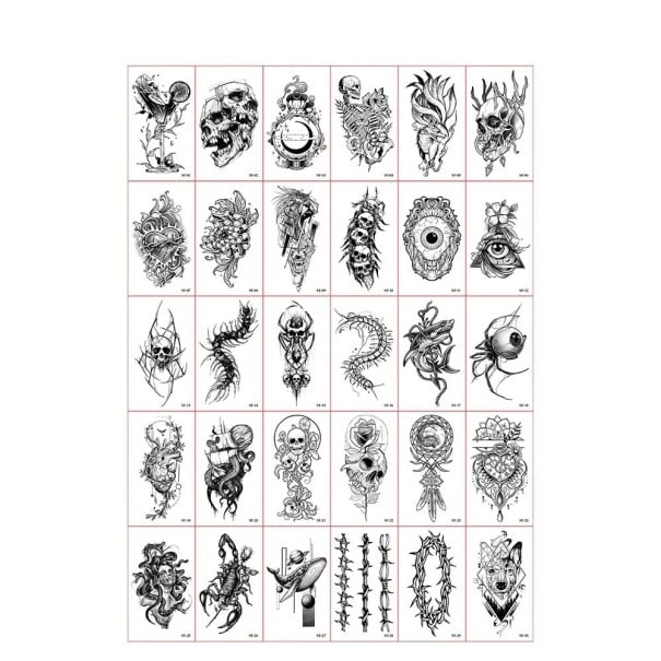 Juego de 30 unidades de tatuajes temporales 5,7 x 9,7 cm en blanco y negro con calaveras, ojos, animales, insectos, espinas y motivos de fantasía 1