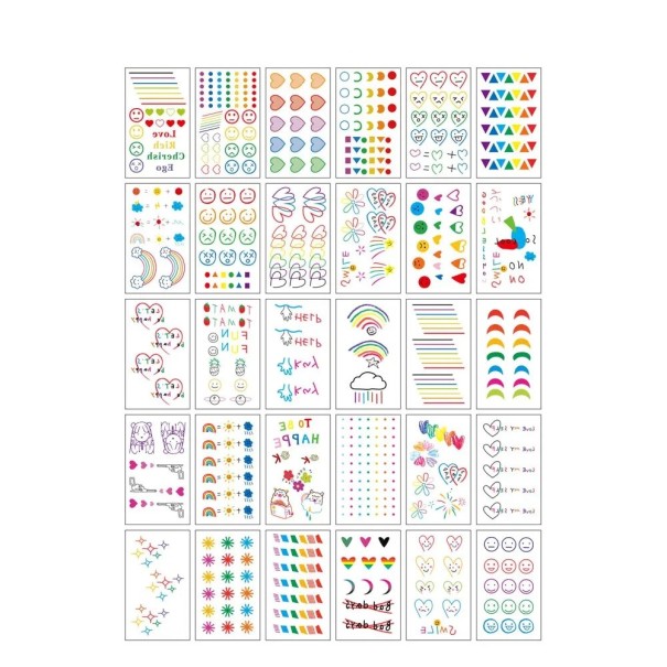 Juego de 30 unidades de tatuajes temporales 5,7 x 9,7 cm formas coloridas de corazones estrellas lunas emoticonos arcoíris y motivos infantiles 1