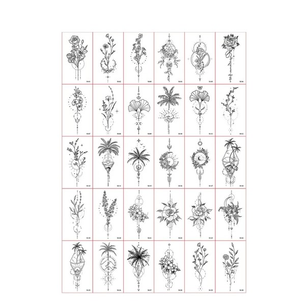 Juego de 30 unidades de tatuajes temporales 5,7 x 9,7 cm Motivos florales y ornamentales en blanco y negro para una elegante decoración de la piel 1