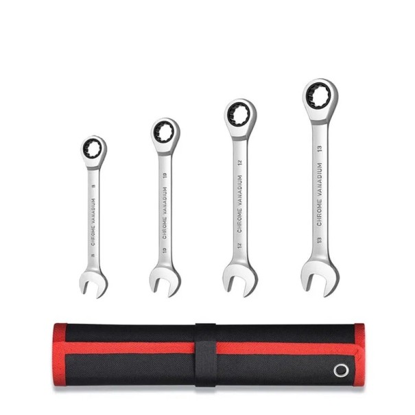 Juego de 4 llaves de carraca Llaves combinadas de boca plana con funcionamiento suave en un estuche rígido negro y rojo 1