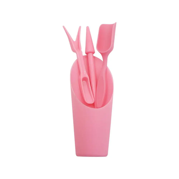 Juego de 4 miniherramientas de jardinería para suculentas: pala, cubo, tenedor, palo, herramientas pequeñas para trasplantar macetas y cactus. rosa