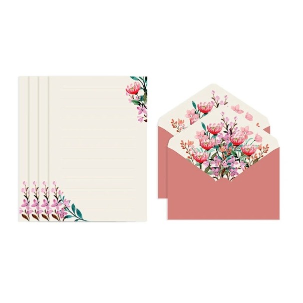 Juego de 4 unidades de papel de carta con sobres 16,1 × 11,4 cm papel 19,5 × 13,5 cm motivo floral para cartas y deseos rojo
