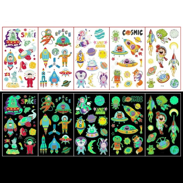 Juego de 5 hojas de tatuajes temporales brillantes de espacio pegatinas de tatuaje para el cuerpo para niños con efecto diurno y nocturno 1