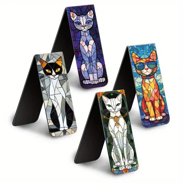 Juego de 5 unidades de marcador magnético para libros 6 x 2 cm en forma plegable de gato con motivo ilustrativo en mosaico 1