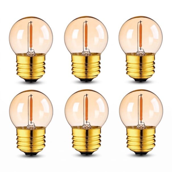 Juego de 6 bombillas LED redondas E27 regulables con filamento LED 1 W 220 V cristal ámbar y base dorada luz blanca cálida 2200 K para lámparas y luminarias 1