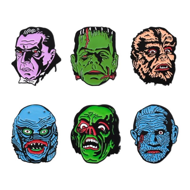 Juego de 6 broches metálicos de personajes de horror monstruosos aproximadamente 3,8 x 3 cm pin insignias de motivos espeluznantes multicolores complemento para la ropa 1