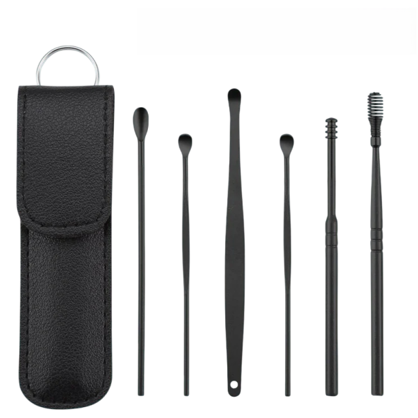 Juego de 6 herramientas de limpieza de oídos con estuche de acero inoxidable, raspadores de oídos multiusos, removedores de cera, herramientas de higiene del hogar. negro