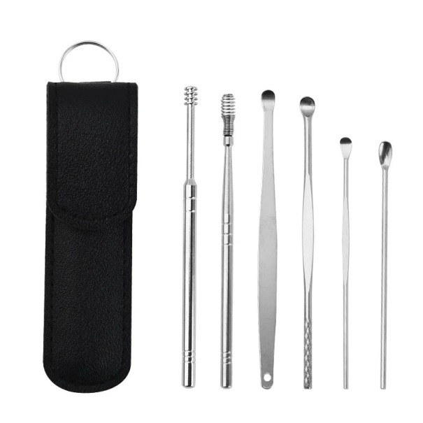 Juego de 6 herramientas de limpieza de oídos de acero inoxidable, raspadores de oídos higiénicos, cucharas multiusos con estuche, herramientas reutilizables. negro