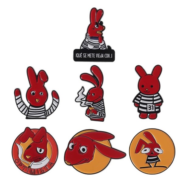 Juego de 7 broches esmaltados con un conejo rojo dibujado de aproximadamente 3 × 2 a 3 × 3,3 cm, insignias de solapa, complemento para mochila, ropa 1