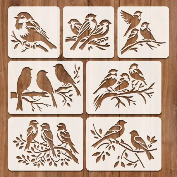 Juego de 7 plantillas de pájaros 10,16–14,8 cm PET plantillas reutilizables para decorar madera, paredes, muebles y textiles 1