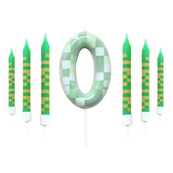 Juego de 7 velas de cumpleaños verdes con temática de píxeles para decorar tartas, velas con números de videojuegos del 0 al 9, 9,5 x 0,8 cm. 0