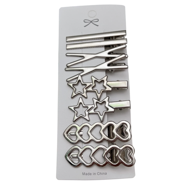 Juego de 8 piezas de horquillas metálicas para el cabello Horquillas plateadas Estrellas Corazones Clips rectos Horquillas para flequillo y lados 1