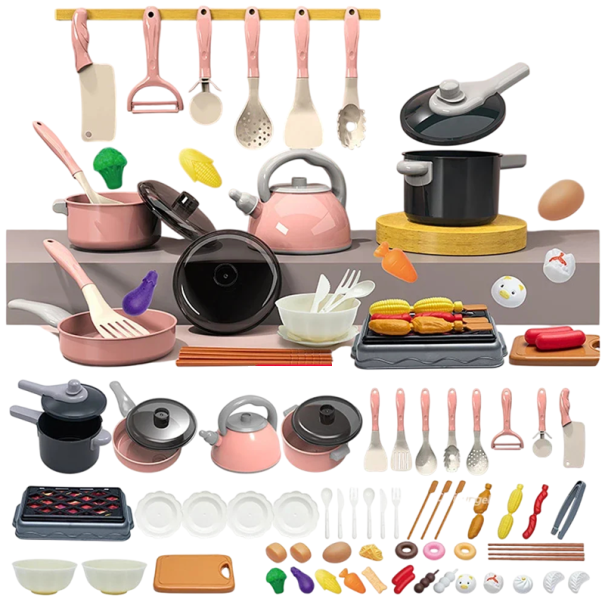 Juego de cocina infantil 59 piezas Utensilios de cocina de plástico con accesorios Juguete de cocina con tetera, sartén y verduras para niñas y niños a partir de 3 años rosa
