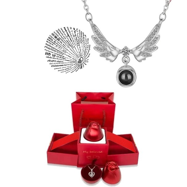 Juego de collar con proyección de alas y cadena de titanio con proyección de te amo en 100 idiomas, caja de regalo en forma de rosa plateado