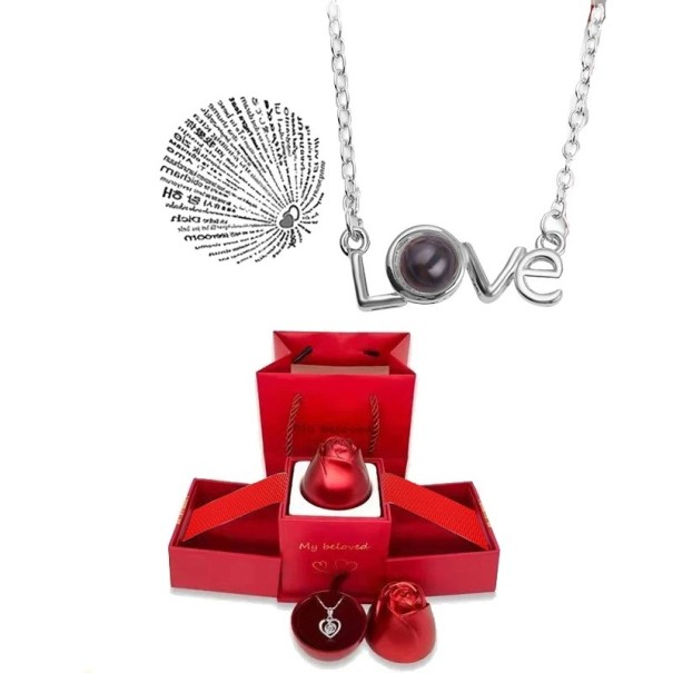 Juego de collar con proyección de amor, cadena de titanio, proyección de te amo en 100 idiomas, caja de regalo en forma de rosa plateado