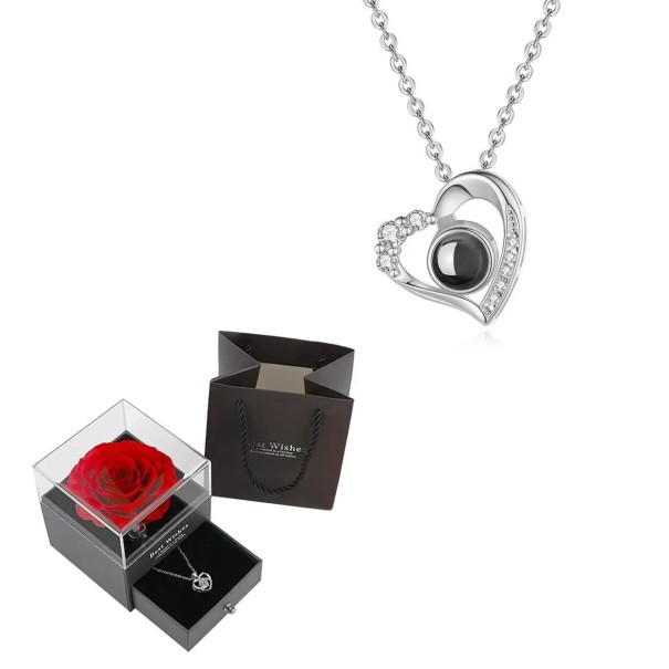 Juego de collar con proyección de corazón Te amo en 100 idiomas Colgante de cobre Cadena de titanio Caja rosa Regalo romántico plateado