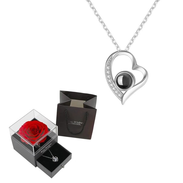 Juego de collar con proyección en forma de corazón Te amo en 100 idiomas Cadena de titanio Colgante de cobre Caja de regalo con rosa plateado
