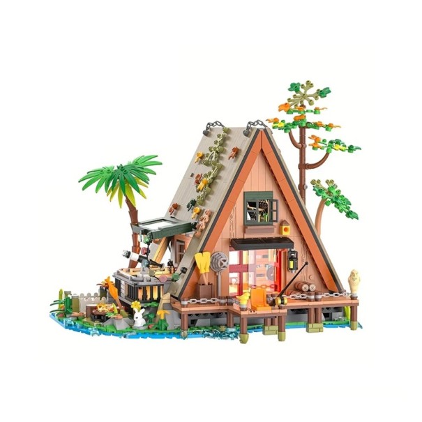 Juego de Construcción Cabaña Triangular en el Bosque 24 x 21 x 21 cm Modelo Detallado de Cabaña de Madera Junto al Lago con Terraza y Jardín Set Decorativo Creativo con 1486 Piezas 1