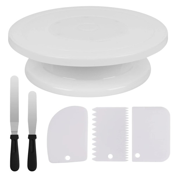 Juego de decoración de pasteles (6 piezas): plato giratorio de plástico, espátulas para glaseado, alisadores de pasteles, accesorios para hornear y decoraciones. blanco