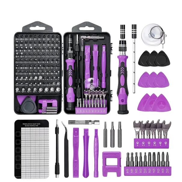 Juego de destornilladores multifunción 138 piezas Juego de destornilladores para reparación de dispositivos electrónicos y teléfonos Juego profesional para reparación de teléfonos, PC y dispositivos electrónicos Destornillador magnético morado