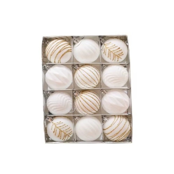Juego de doce bolas navideñas de 6 cm Seis decoraciones de dos piezas Adornos para el árbol de Navidad Decoraciones navideñas 6 x 6 x 7 cm blanco