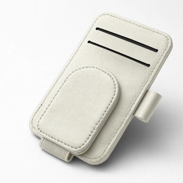 Juego de dos soportes para coche para gafas, tarjetas, entradas y bolígrafo con sujeción magnética, plástico resistente y cuero sintético blanco