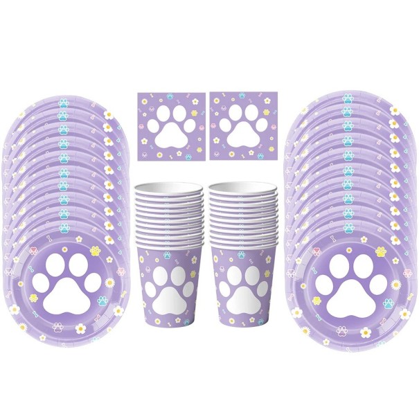 Juego de fiesta de vajilla Patitas de gato 50 pcs Platos 17,8 y 22,9 cm Vasos Servilletas Surtido desechable morado para fiesta de cumpleaños infantil 1
