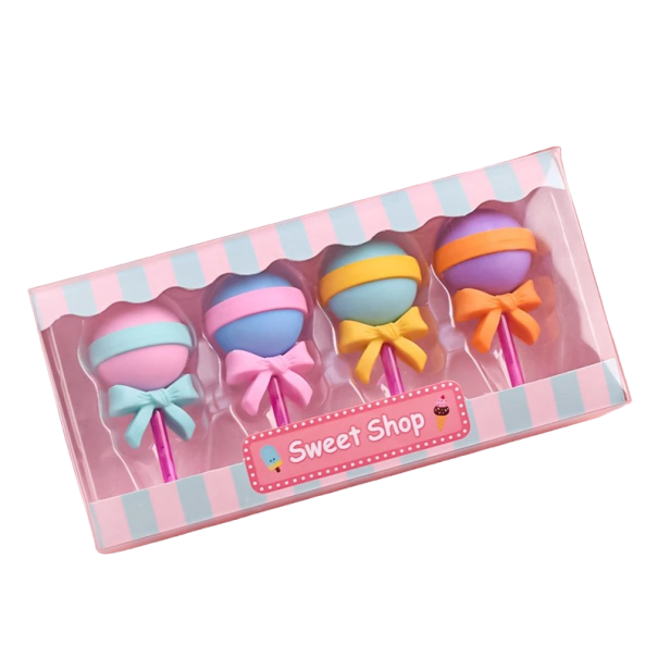 Juego de gomas de borrar para niños en forma de piruleta, 4 piezas. Piruletas de colores para borrar para niños. Juego de gomas de borrar en caja. Goma de borrar en forma de piruleta. Juego de 4 gomas de borrar, 4,5 x 2 cm. 1