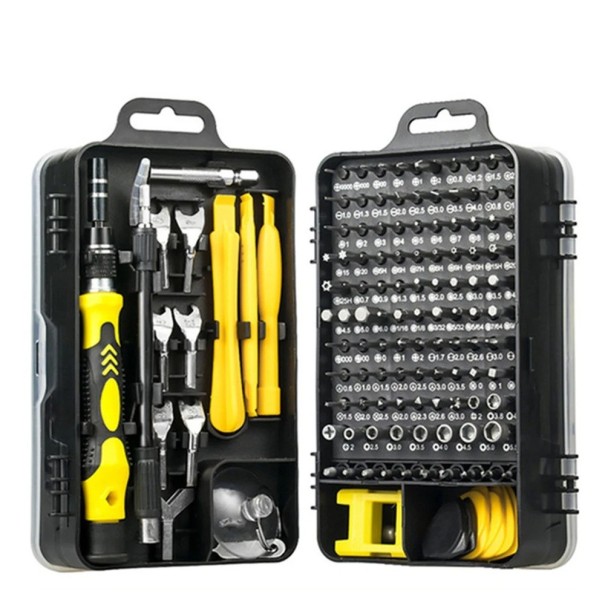 Juego de herramientas 135 en 1 para reparación de teléfonos móviles y dispositivos electrónicos, destornilladores de precisión, herramientas de apertura, ventosas y palancas. amarillo