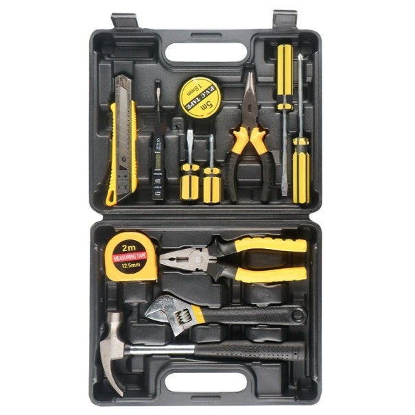 Juego de herramientas manuales universales de 13 piezas en estuche de plástico Destornilladores Alicates Martillo Cuchillo Cinta métrica Llave ajustable Reparaciones del hogar Equipo 1
