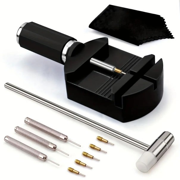 Juego de herramientas para reparación de correas de reloj de metal, soporte, martillo, extractores, puntas y paño, herramienta completa para acortar 1