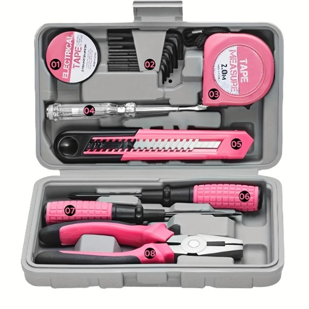 Juego de herramientas rosa Destornilladores, alicates, cinta métrica, cuchillo, cinta aislante y llaves Allen 9 piezas Herramientas prácticas para el hogar 1