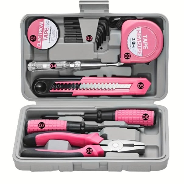 Juego de herramientas rosa Destornilladores, alicates, cinta métrica, cuchillo, cinta aislante y llaves Allen 9 piezas Herramientas prácticas 1