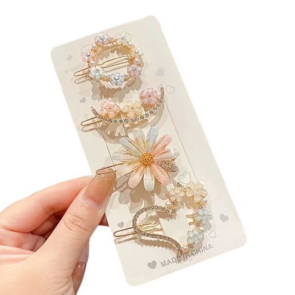 Juego de horquillas para el cabello 4 uds Flor corazón cristales Accesorios de cabello elegantes para fiestas, coleta y mechones laterales 1